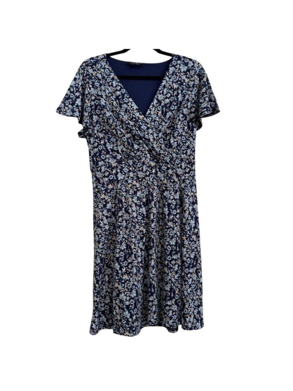 Lane Bryant Blue Floral Faux Wrap Dress Size 14/16 Tie Back Flutter Sleeve